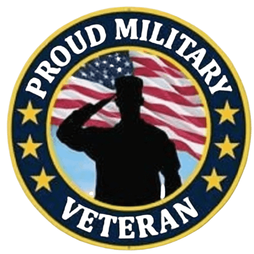 Emblem featuring a saluting soldier with American flag background.