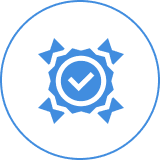 Blue checkmark badge with decorative elements.