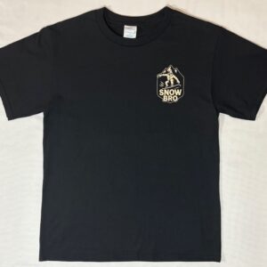 Black t-shirt with a small golden design on the chest pocket area.