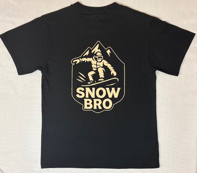Black T-shirt with a mountain and snowboarder graphic labeled 'SNOW BRO'.