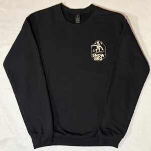 Black sweatshirt with a small graphic on the front left chest.
